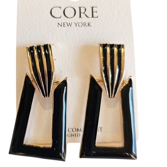 Statement Geometric Drop Earrings Gold Black Enamel Modern 1.6" Dangle New CORE - Picture 1 of 8